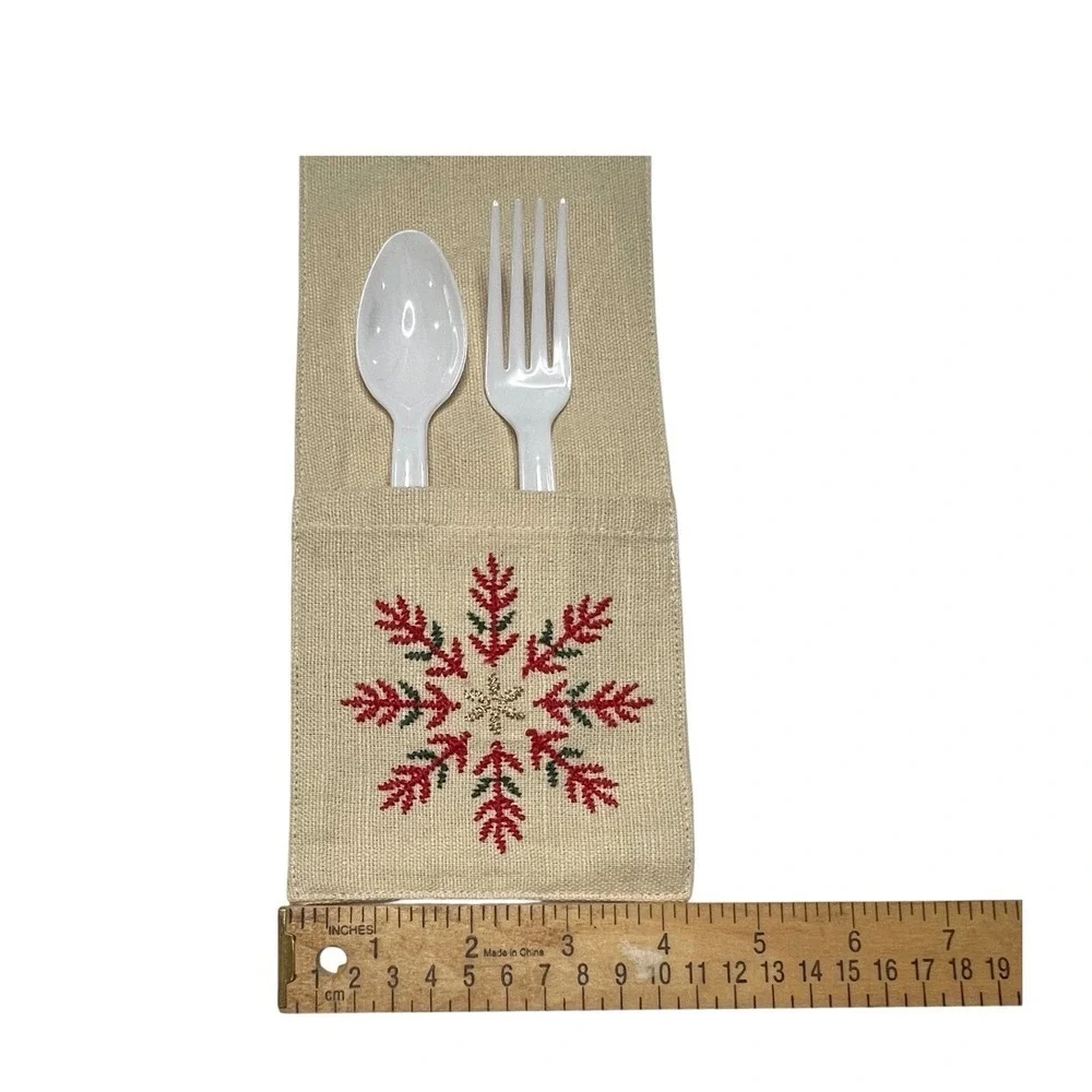Christmas Snowflake Silverware Holders Set of 8 Embroidered Linen Holiday Decor